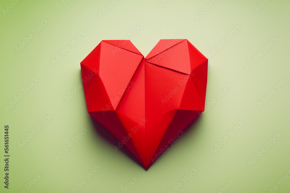 Heart. Love background. Red paper origami heart on green background. Valentine card - obrazy, fototapety, plakaty 