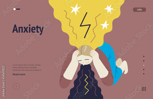 Mental disorders web template. Anxiety- modern flat vector illustration of a woman vomiting, meeting with a stress experience- burst, explosion. People emotional, psychological, mental traumas concept
