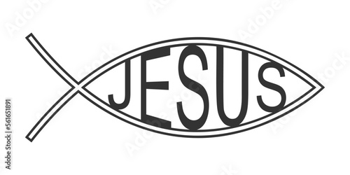 Variation of Jesus fish Bible symbol isolated on white background. Ichthys icon. Secret shibboleth in Christian religion. Vector outline illustration.