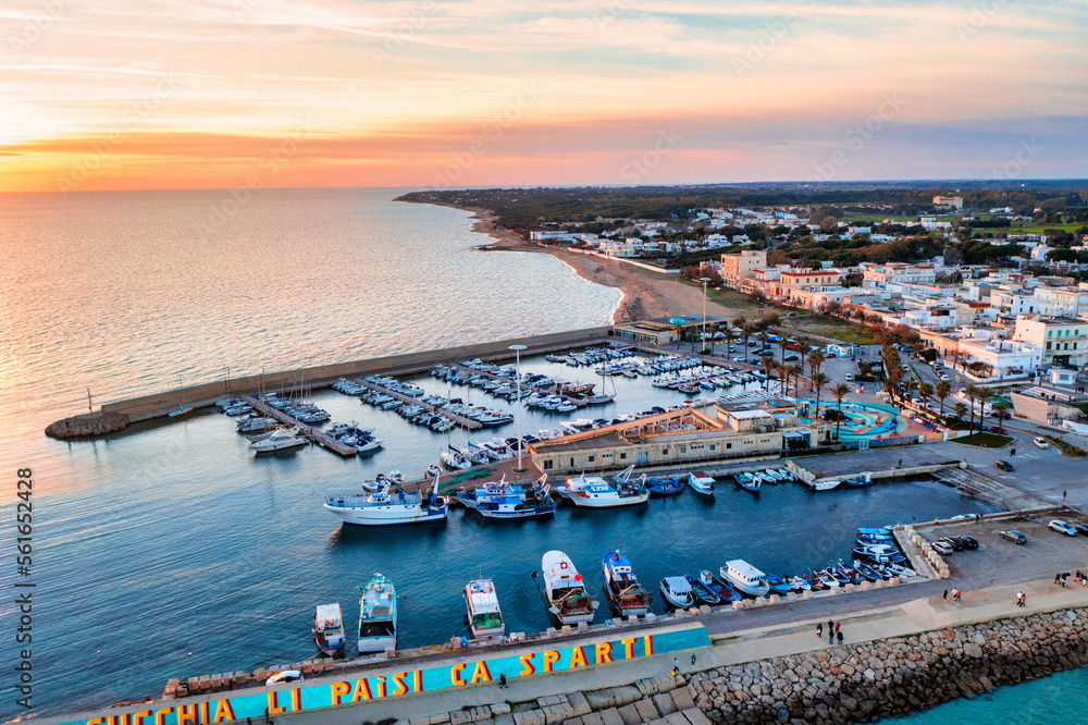 Tramonto sul porto di campomarino di Maruggio visto dal drone, Salento, Puglia, Taranto, Italy