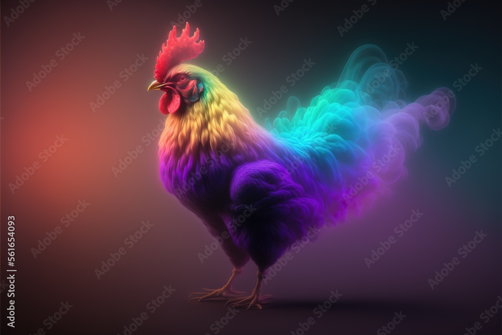 Neon psychic wave chicken animal created with generative ai technology