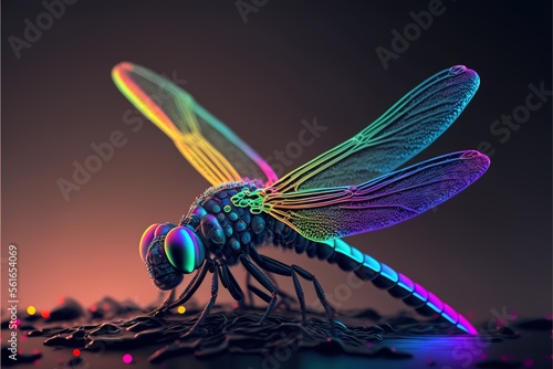 Neon psychic wave dragon fly animal created with generative ai technology