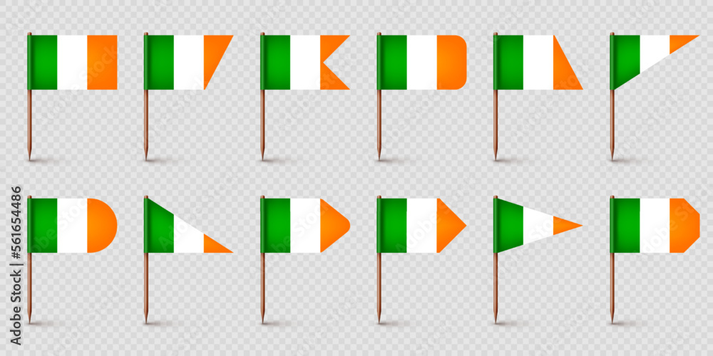 Fototapeta premium Realistic various Irish toothpick flags. Souvenir from Ireland. Wooden toothpicks with paper flag. Location mark, map pointer. Blank mockup for advertising and promotions. Vector illustration