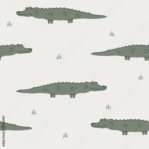 Seamless pattern with crocodile  and grass continuous one line art 