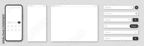 Smartphone, blank internet browser window with various search bar templates. Web site engine with search box, address bar and text field. UI design, website interface elements. Vector illustration