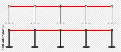 Realistic red retractable belt stanchion. Crowd control barrier posts with caution strap. Queue lines. Restriction border and danger tape. Attention, warning sign. Vector illustration