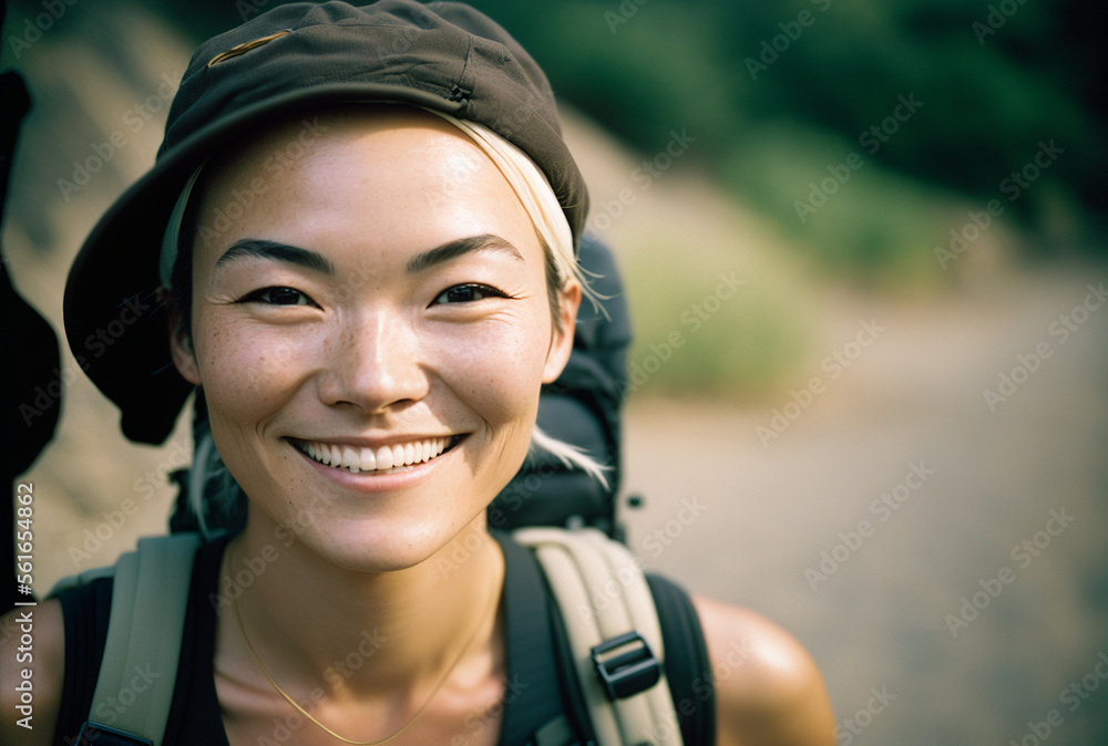 Smiling asian woman with backpack, Generative AI. Smiling asian woman with backpack, Generative AI.