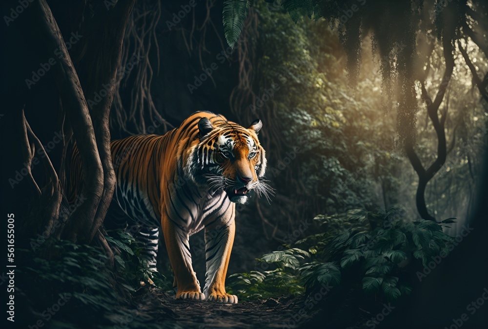 Fototapeta premium Tiger in the jungle, Tiger, Safari, Generative AI