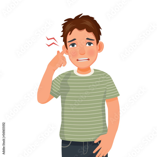 Young man suffer from earache or hearing difficulty because of  ear infections or injury