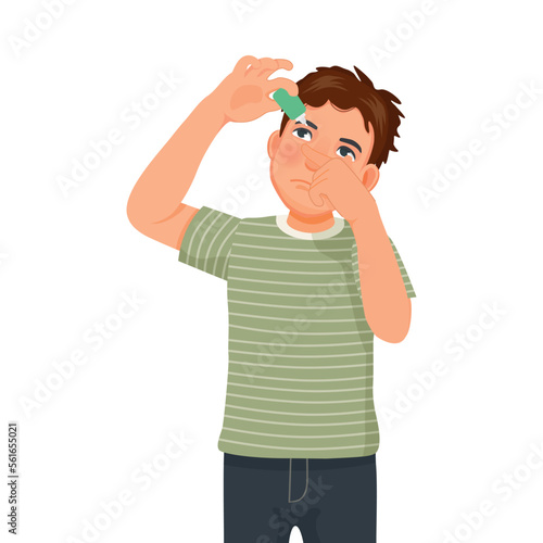 young man using eye drops treatment for conjunctivitis or eye dryness