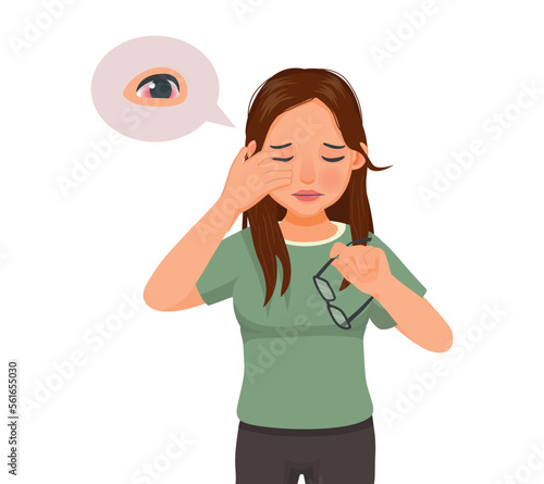 Young woman has conjunctivitis or pink eye, sore and swollen eyes because of infection, irritation or inflammation allergies to dust