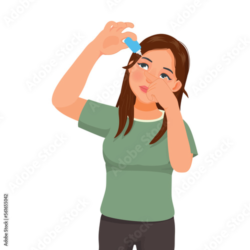 young woman using eye drops treatment for conjunctivitis or eye dryness