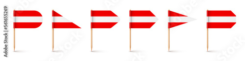 Realistic various Austrian toothpick flags. Souvenir from Austria. Wooden toothpicks with paper flag. Location mark, map pointer. Blank mockup for advertising and promotions. Vector illustration