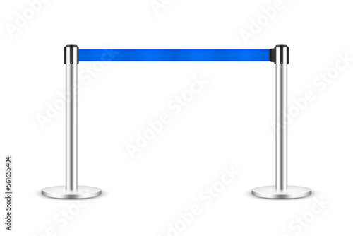 Realistic blue retractable belt stanchion. Crowd control barrier posts with caution strap. Queue lines. Restriction border and danger tape. Attention, warning sign. Vector illustration