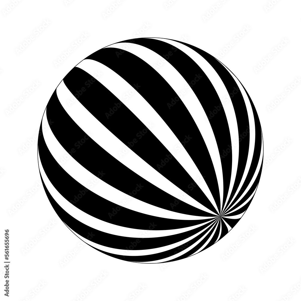 Spherical shape with black and white stripes. 3D sphere model. Striped ball isolated on white background. Globe figure in perspective. Vector illustration Spherical shape with black and white stripes. 3D sphere model. Striped ball isolated on white background. Globe figure in perspective. Vector illustration