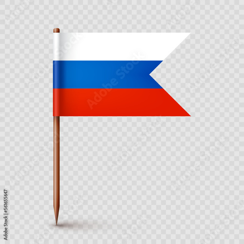 Realistic Russian toothpick flag. Souvenir from Russia. Wooden toothpick with paper flag. Location mark, map pointer. Blank mockup for advertising and promotions. Vector illustration