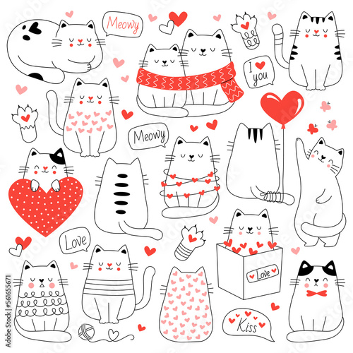 Cats and hearts in line art icons. Cute cartoon contemporary drawings. Funny pet in scarf, sweater. Love messages