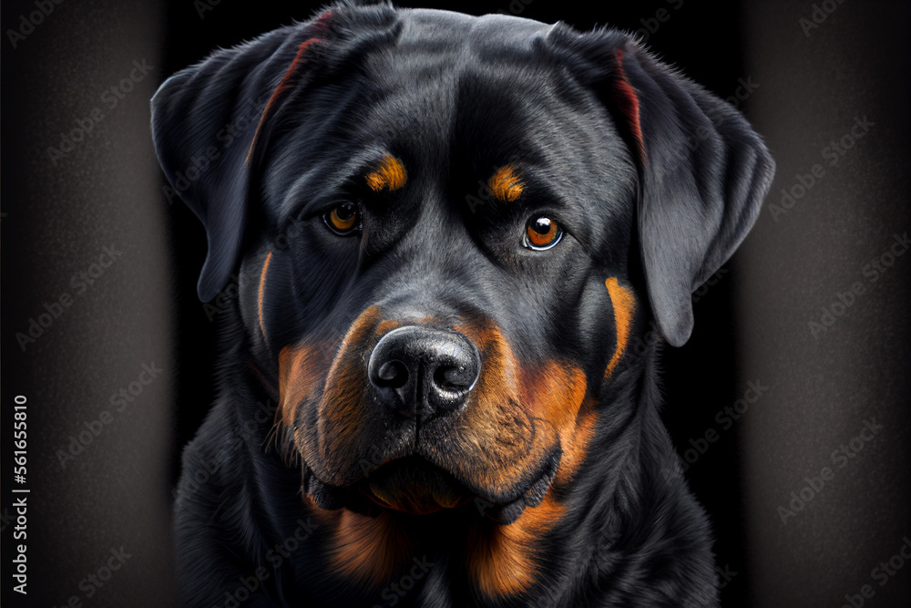 Beautiful Rottweiler dog portrait looking at camera. Ai generated illustration.