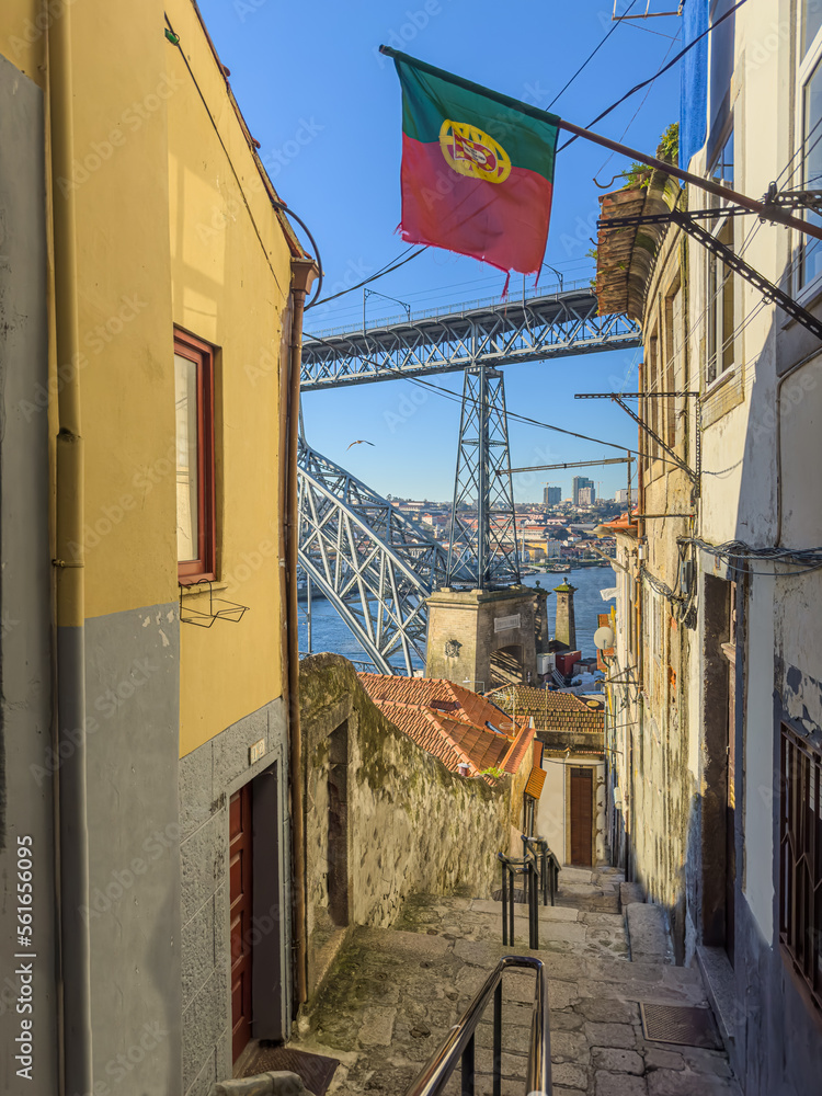 Narrow streets in Oporto city in Portugal. The historic centre of Porto was designated a UNESCO World Heritage site in 1996.