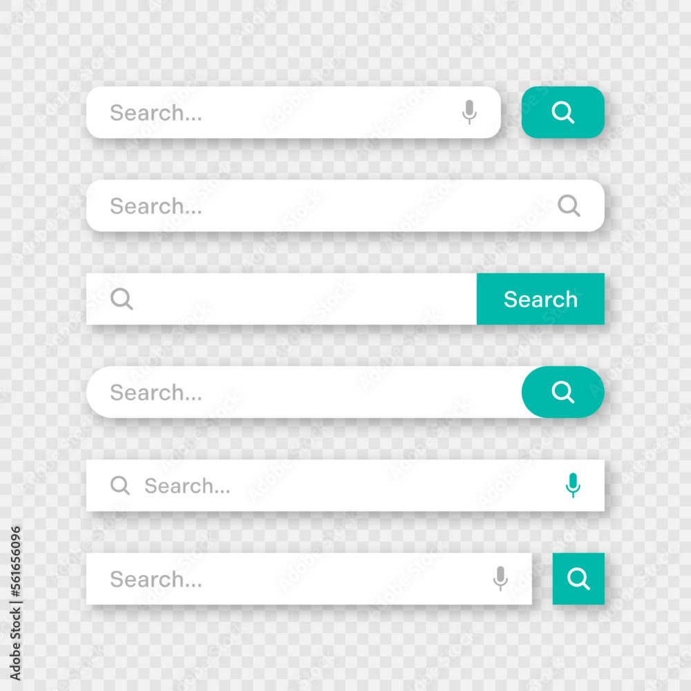Various search bar templates. Internet browser engine with search box, address bar and text field. UI design, website interface element with web icons and push button. Vector illustration - obrazy, fototapety, plakaty 