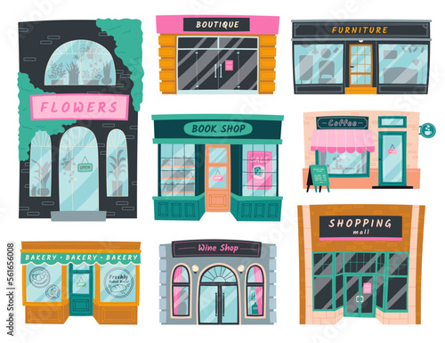 Shop entrance doors with showcases flat icons set. Wine and coffee shop, clothing boutique, furniture store