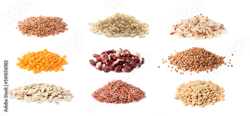 Collage with piles of legumes, rice, cereals and linseeds on white background