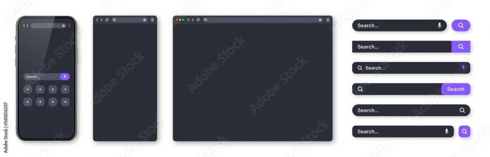 Smartphone, blank internet browser window and search bar templates, dark mode. Web site engine with search box, address bar and text field. UI design, website interface elements. Vector illustration Smartphone, blank internet browser window and search bar templates, dark mode. Web site engine with search box, address bar and text field. UI design, website interface elements. Vector illustration