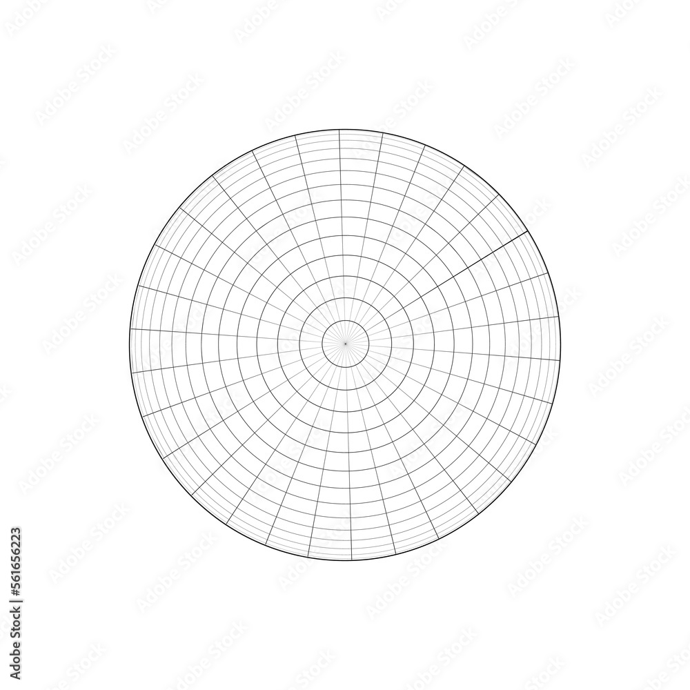 Sphere wireframe icon. Top view. Orb model, spherical shape, grid ball isolated on white background. Earth globe figure with parallel and meridian lines above view. Vector outline illustration