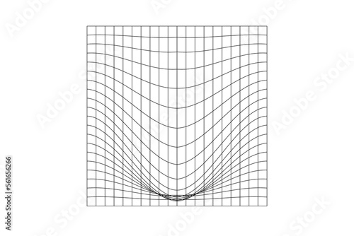 Distorted square grid. Mesh warped texture. Net with convex effect. Geometric deformation. Gravity phenomenon. Bented lattice surface isolated on white background. Vector outline illustration