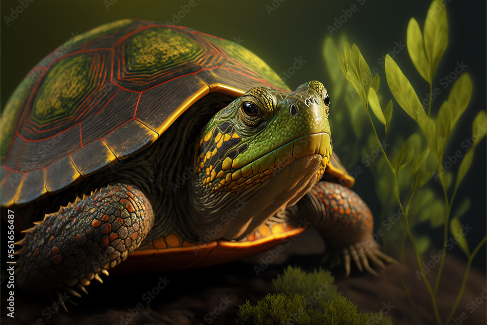 Walking turtle on the rock. Green background. Close Up Photo. Walking turtle on the rock. Green background. Close Up Photo.