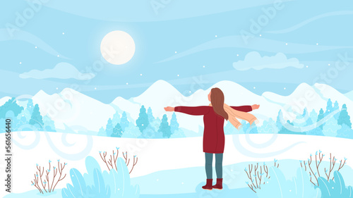 Winter walk and adventure of dreamy girl, back view vector illustration. Cartoon young woman hiking alone to enjoy mountain landscape, skyline with white snow and ice on peaks and cold scenery