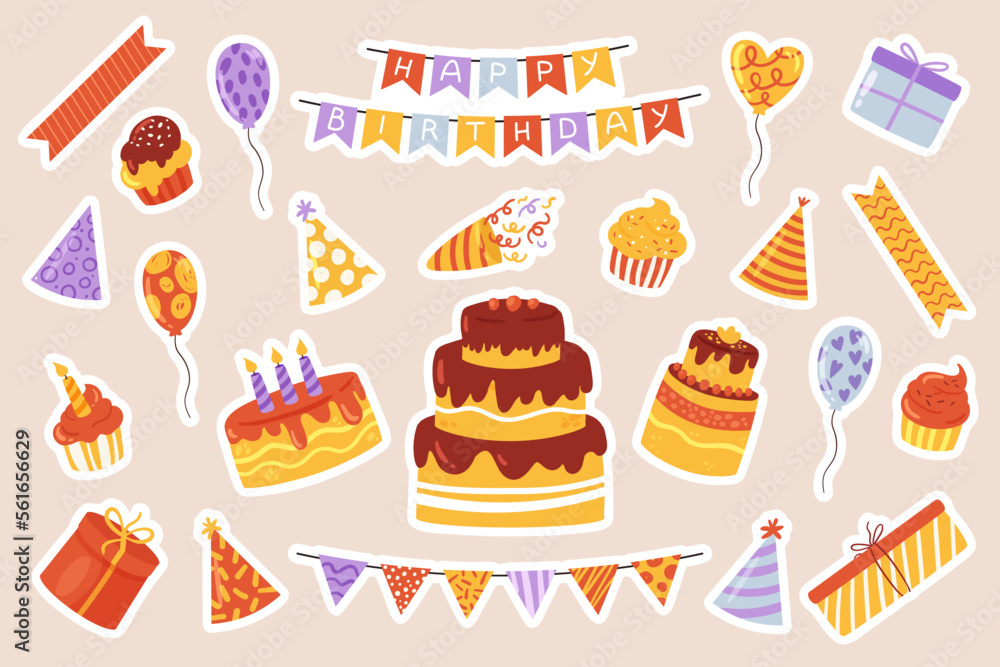 Birthday fun party celebration set, cartoon cute sticker collection, anniversary event holiday elements vector illustration. Bundle of cake, drink, gift, decorations festive party celebration stickers Birthday fun party celebration set, cartoon cute sticker collection, anniversary event holiday elements vector illustration. Bundle of cake, drink, gift, decorations festive party celebration stickers