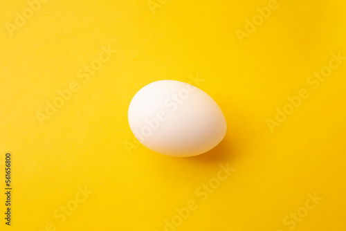 Food photo for Happy Easter holiday. White boiled unpainted chicken egg on yellow background. Blank for coloring for children. Farm. Healthy. Omelette ingredient. Preparing for celebration. Copyspace