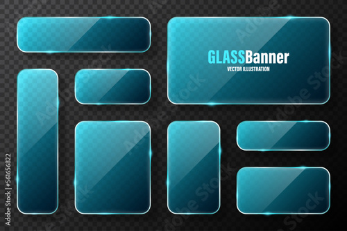 Realistic glass frames collection. Blue transparent glass banners with flares and highlights. Glossy acrylic plate, element with light reflection and place for text. Vector illustration