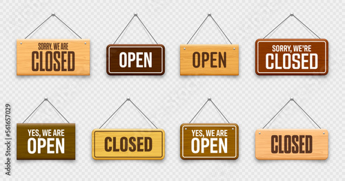 Wooden open or closed hanging signboards. Made of wood door sign for cafe, restaurant, bar or retail store. Announcement banner, information signage for business or service. Vector illustration