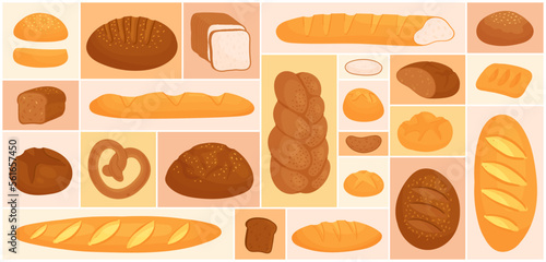 Cartoon bread and baguette from wheat and rye flour, fresh bun and bagel, slices and whole bread with crust in geometric collage background. Bakery menu, food products set vector illustration