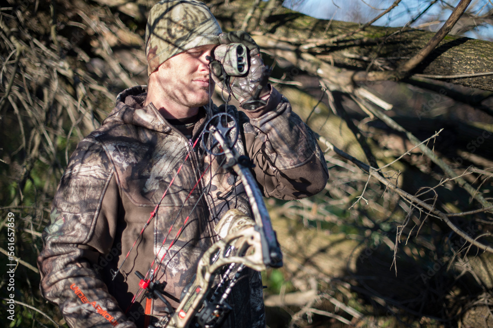 Young adult male searching for deer while bow hunting in Illinois Young adult male searching for deer while bow hunting in Illinois