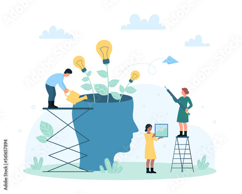 Mind development and personal growth vector illustration. Cartoon tiny people water light bulb plants of creative ideas inside human head, help person to think and grow motivation for success career