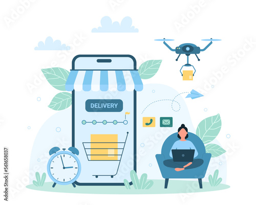 Delivery vector illustration. Cartoon shopping cart with box in online store with canopy on phone screen, time line delivery in mobile app for customer, drone delivering package to tiny consumer