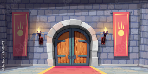 medieval castle room with flags wooden door