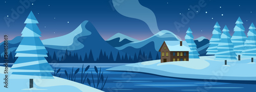 Winter river snowy landscape with house vector illustration. Cartoon snow and ice on trees and mountain at night, fabulous nature scene with simple cabin among snowdrifts, frost winter wonderland