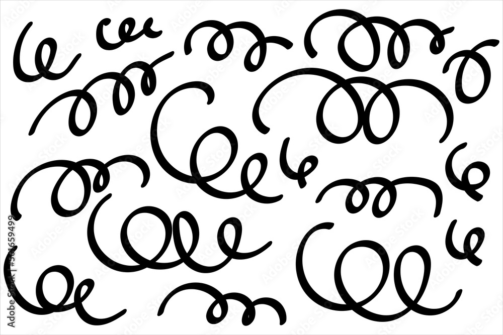 A set of hand-drawn paint lines highlighted on a white background. Blank, black, colored marker strokes. A set of hand-drawn paint lines highlighted on a white background. Blank, black, colored marker strokes.