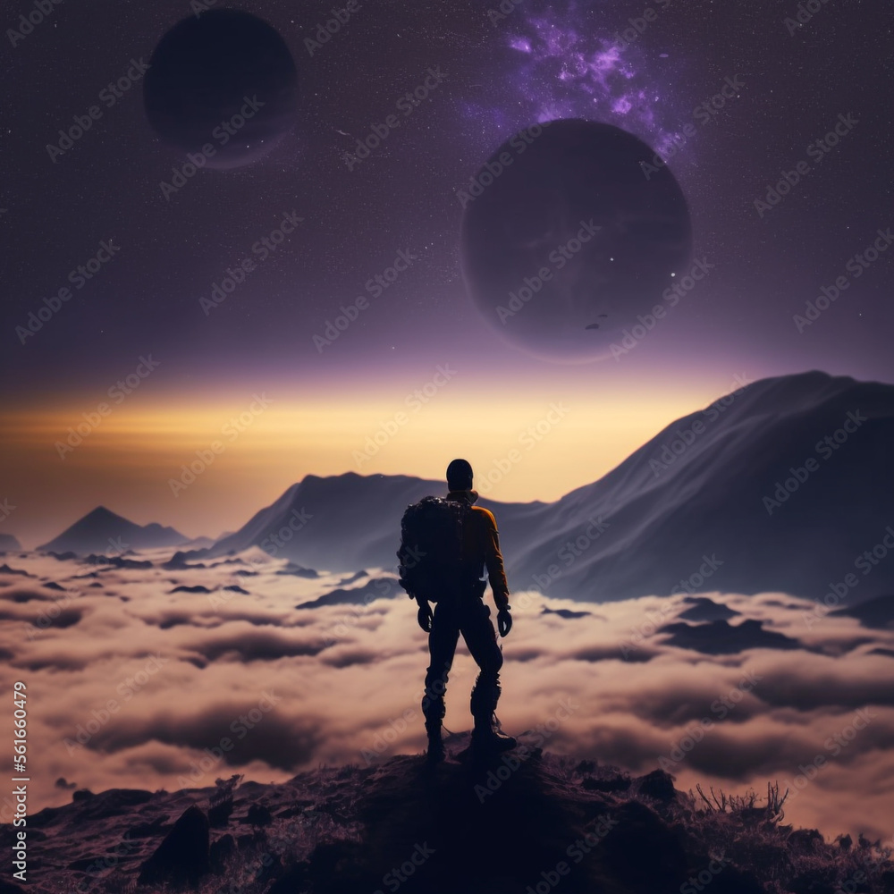 Ai Serene space art with colorful planets, moons, mountains, and clouds. High detail, ethereal 
 calm night sky, atmosphere perfect for sci-fi, fantasy projects. Astronaut adds sense of exploration 