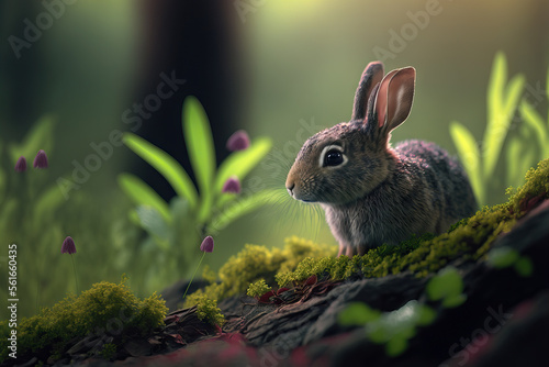 Canvastavla cute rabbit in a spring forest scene, generative ai