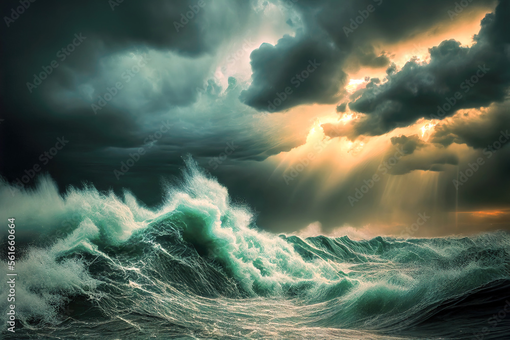 3D Illustration, Digital Art, a storm in the middle of the ocean with extremely agitated huge waves and dangerous thunders in the background.