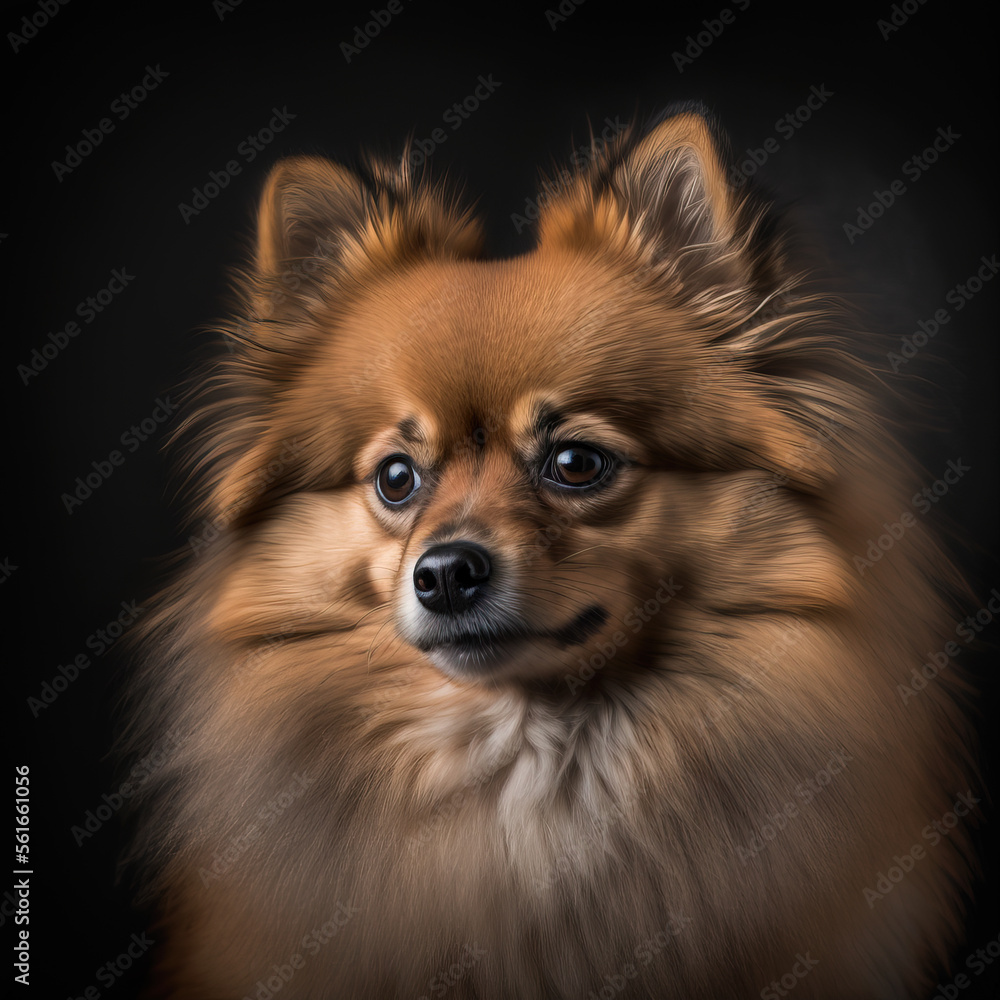 Beautiful little show Pomeranian, fox color long haired pet dog. Little fluffy puppy with expressive eyes. Close up studio photograph on a dark background. Image created with digital art. Beautiful little show Pomeranian, fox color long haired pet dog. Little fluffy puppy with expressive eyes. Close up studio photograph on a dark background. Image created with digital art.