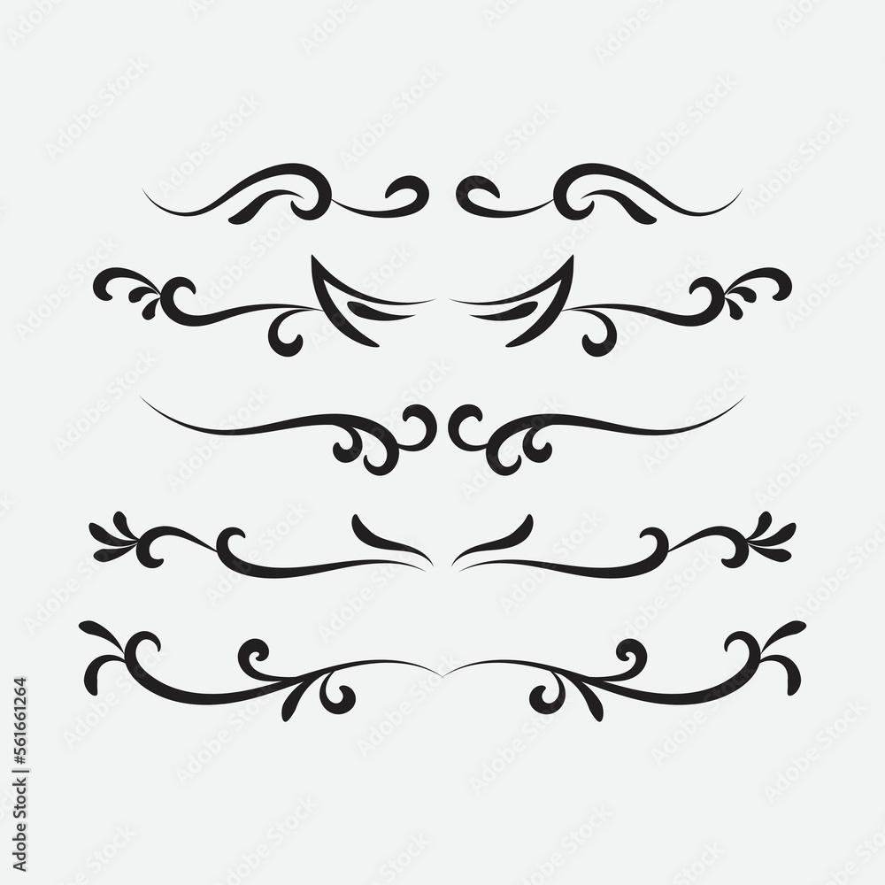 Set of ornamental filigree flourishes and thin dividers. Classical vintage elements, vector illustration Set of ornamental filigree flourishes and thin dividers. Classical vintage elements, vector illustration