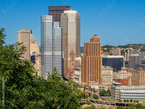 Downtown Pittsburgh, framed by green trees against clear blue sky.
