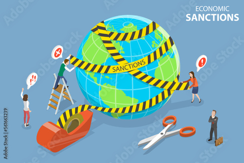 3D Isometric Flat Vector Conceptual Illustration of Economic Sanctions, Global Blocking Bank Accounts