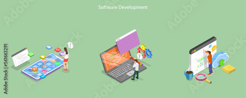 3D Isometric Flat Vector Conceptual Illustration of Software Development, Creating UX UI User Interface and User Experience Process